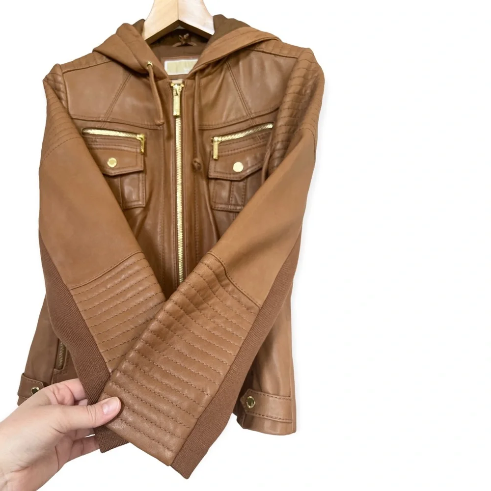 Michael Kors Women’s Brown Leather Hooded Moto Full Zip Jacket, XL - Picture 4 of 10